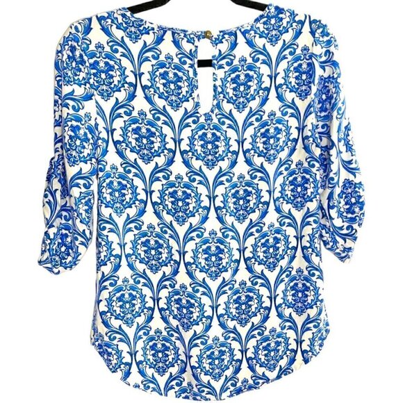 Haute Hanger Blue & White Chinoiserie Crisp Lightweight Tunic Top Blouse Small - Picture 2 of 5